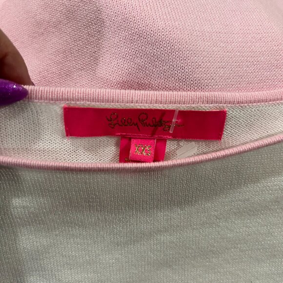 Lilly Pulitzer Colorblock Pink & White Sweater — XXS — Tassel Hem + Front Pocket - Picture 4 of 9